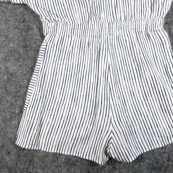 Zara Women's Romper Size Small White Blue Stripe Linen Blend Button Front - Picture 13 of 16